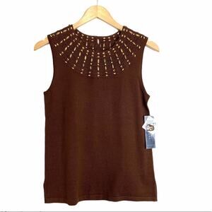 Jones New York brown beaded embellished sleeveless rib knit top boho small NEW